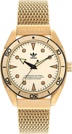 Adidas Watch with Gold Dial and Black Mesh Bracelet |-|Montre Adidas avec cadran doré et bracelet en maille noire