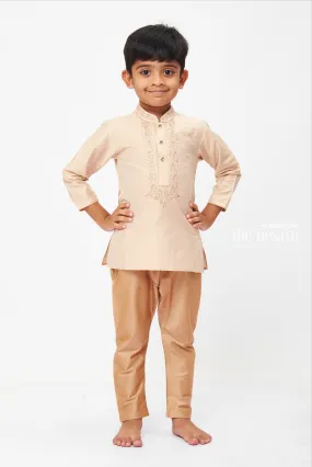 AXQ. Boys Traditional Beige Embroidered Kurta with Velvet Pants Set - Perfect for Formal Occasions