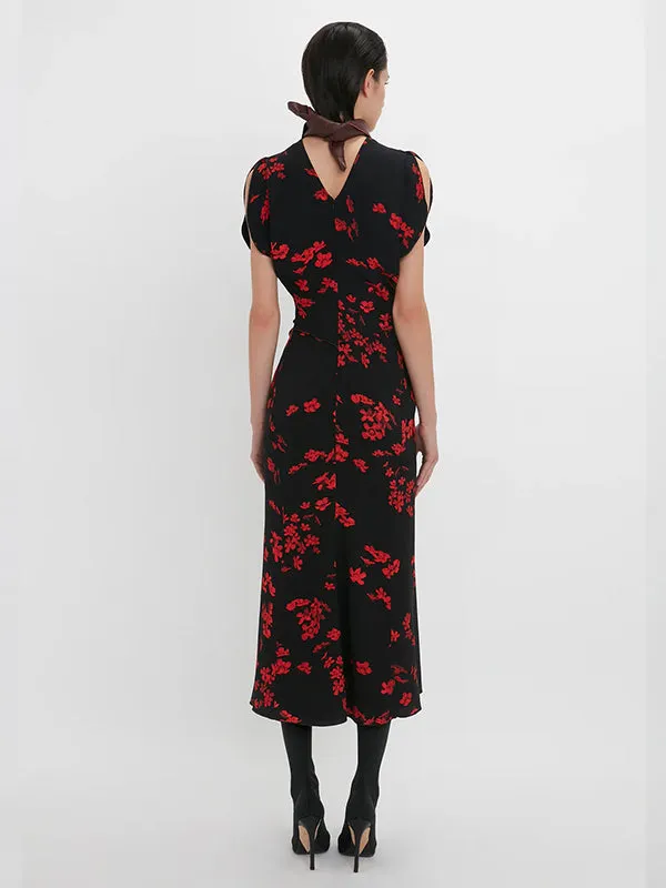 Gathered Waist Midi Dress in Floral Black