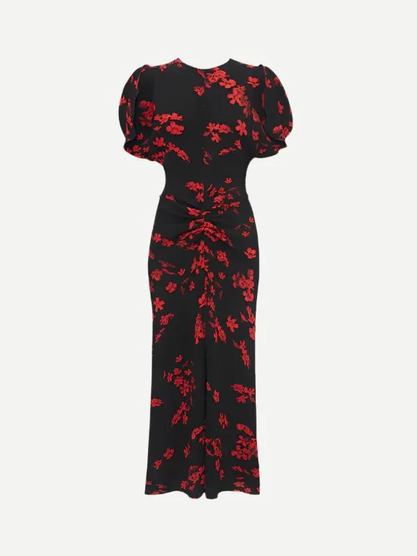 Gathered Waist Midi Dress in Floral Black