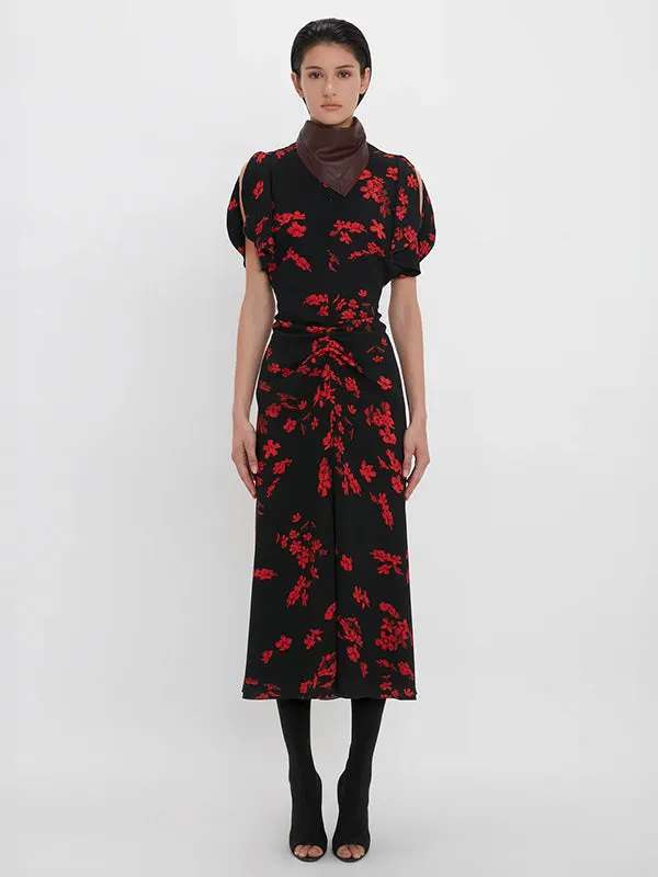 Gathered Waist Midi Dress in Floral Black