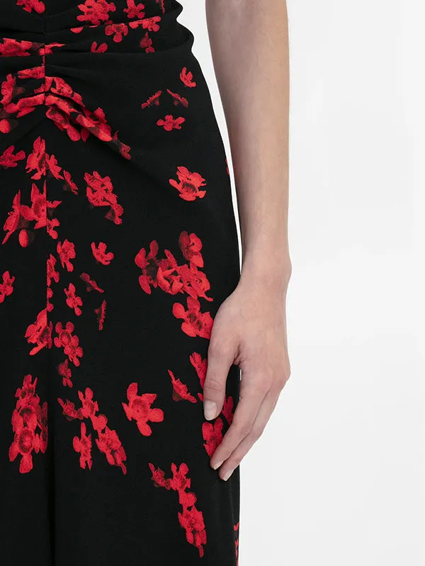 Gathered Waist Midi Dress in Floral Black