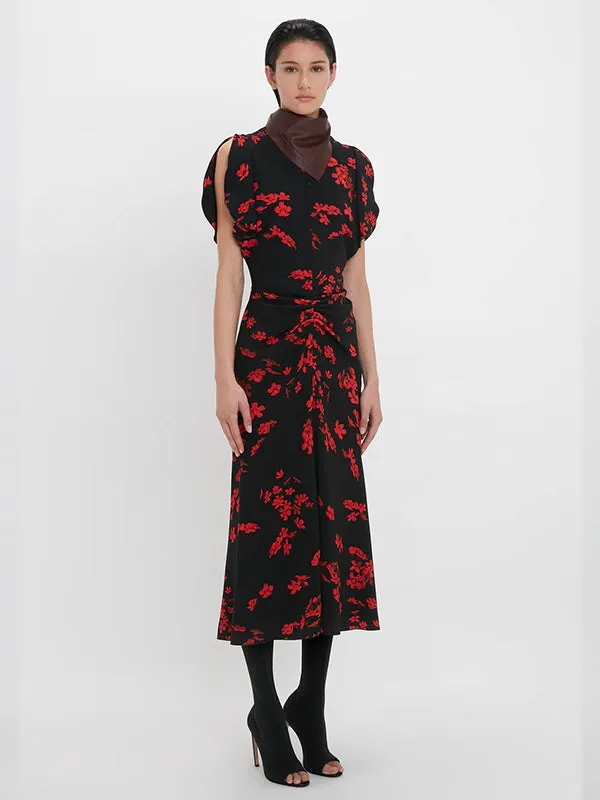 Gathered Waist Midi Dress in Floral Black