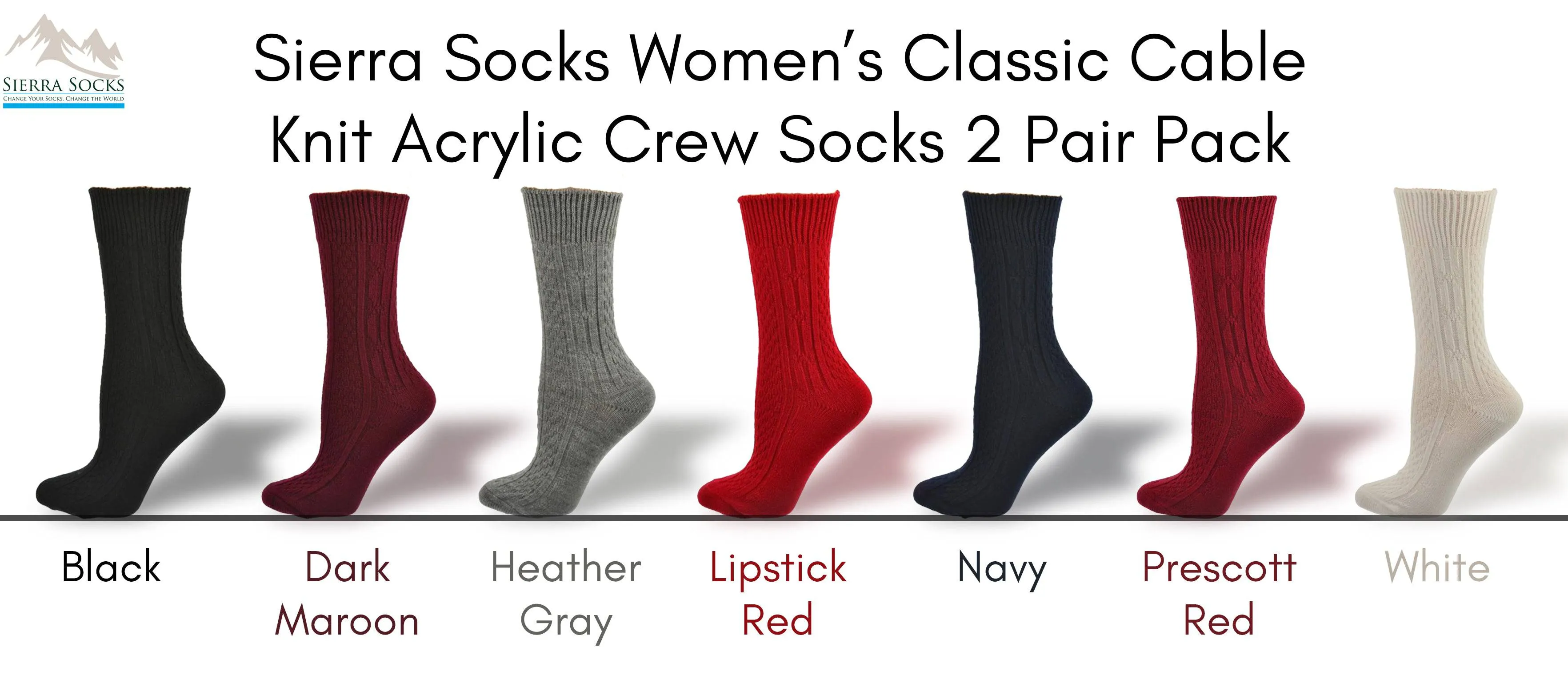 Women's Classic Cable Knit Acrylic Crew Socks 2 Pair Pack